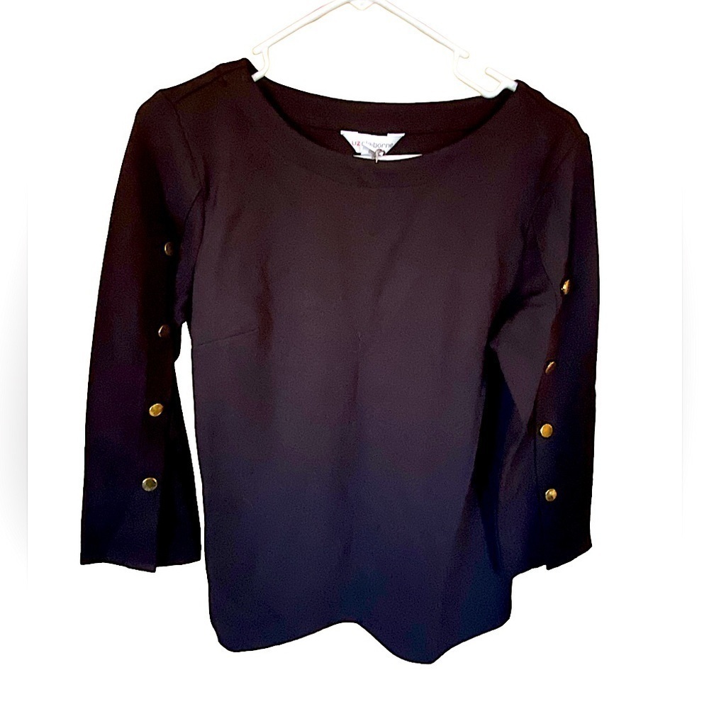 Liz Claiborne Black Women’s Long Sleeve Shirt Scoop Neck & Gold Buttons sleeve - Picture 1 of 4